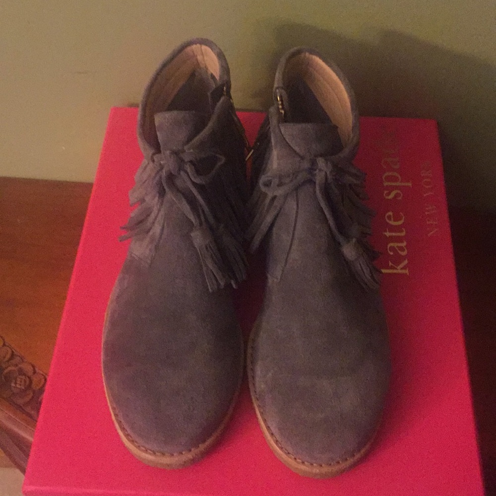 Kate Spade Bitsy fringe booties gray new inbox 6.5